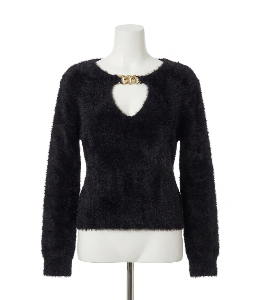 NEW MOLLY BRACKEN fuzzy sweater with chain in black